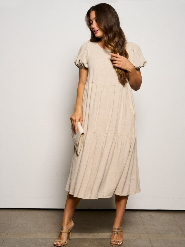 WOMEN'S SHORT PUFF SLEEVE TIERED TUNIC MIDI DRESS