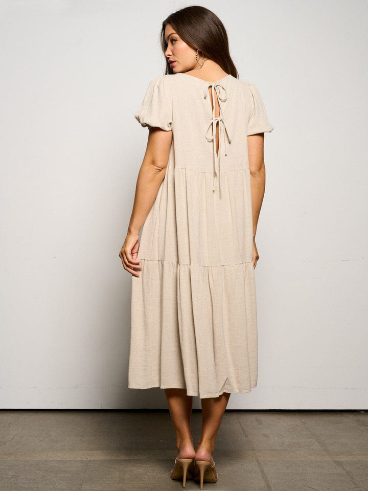 WOMEN'S SHORT PUFF SLEEVE TIERED TUNIC MIDI DRESS
