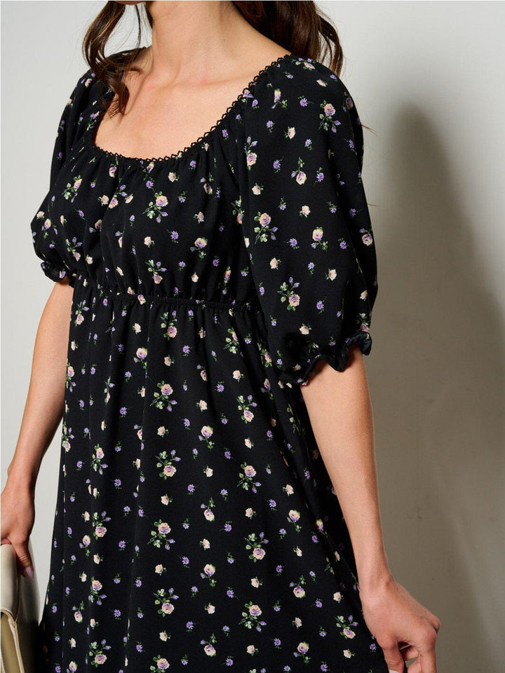 WOMEN'S SHORT SLEEVE SQUARE NECK OPEN BACK FLORAL MINI DRESS