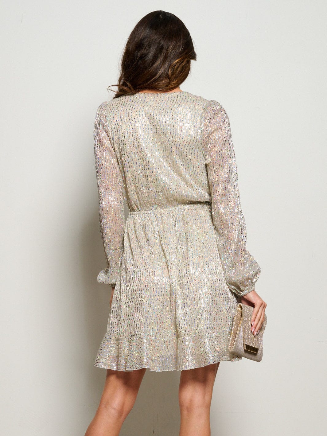 WOMEN'S LONG SLEEVE SURPLICE RUFFLE SEQUINS MINI DRESS