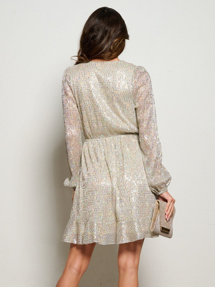 WOMEN'S LONG SLEEVE SURPLICE RUFFLE SEQUINS MINI DRESS