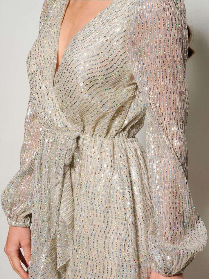 WOMEN'S LONG SLEEVE SURPLICE RUFFLE SEQUINS MINI DRESS