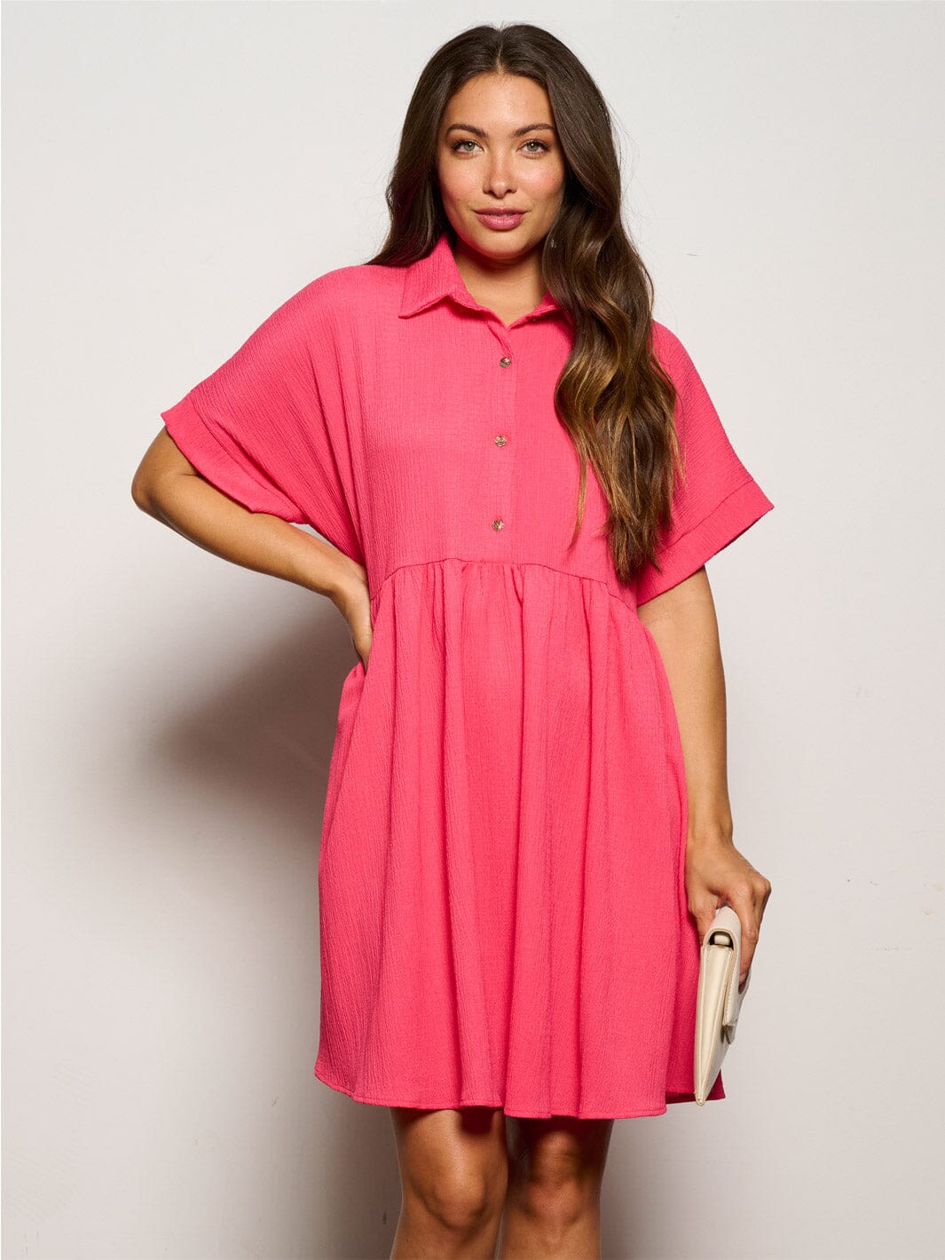WOMEN'S SHORT SLEEVE BUTTON UP RUFFLE TIERED TUNIC MINI DRESS