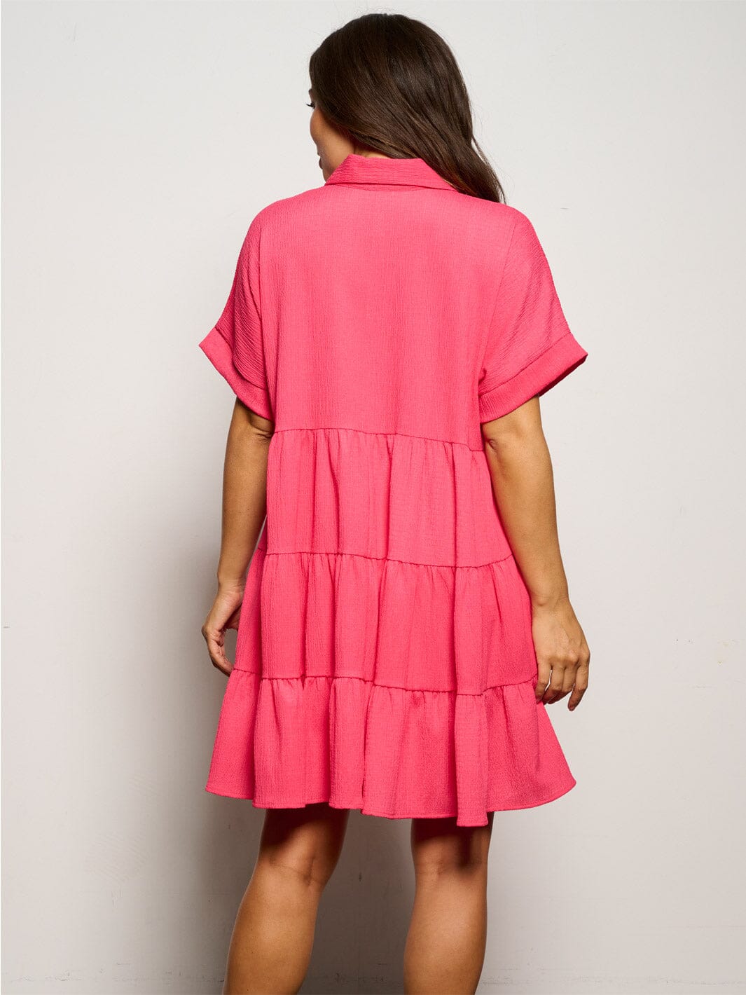 WOMEN'S SHORT SLEEVE BUTTON UP RUFFLE TIERED TUNIC MINI DRESS