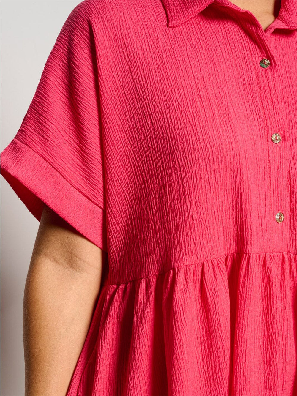 WOMEN'S SHORT SLEEVE BUTTON UP RUFFLE TIERED TUNIC MINI DRESS