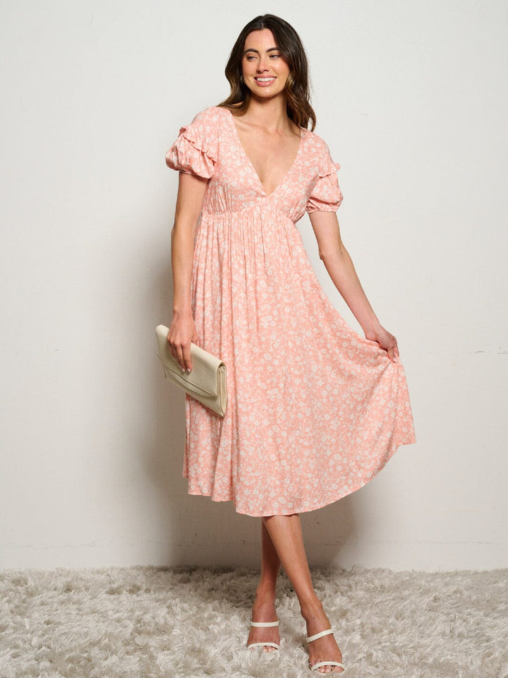 WOMEN'S SHORT SLEEVES V-NECK FLORAL MIDI DRESS