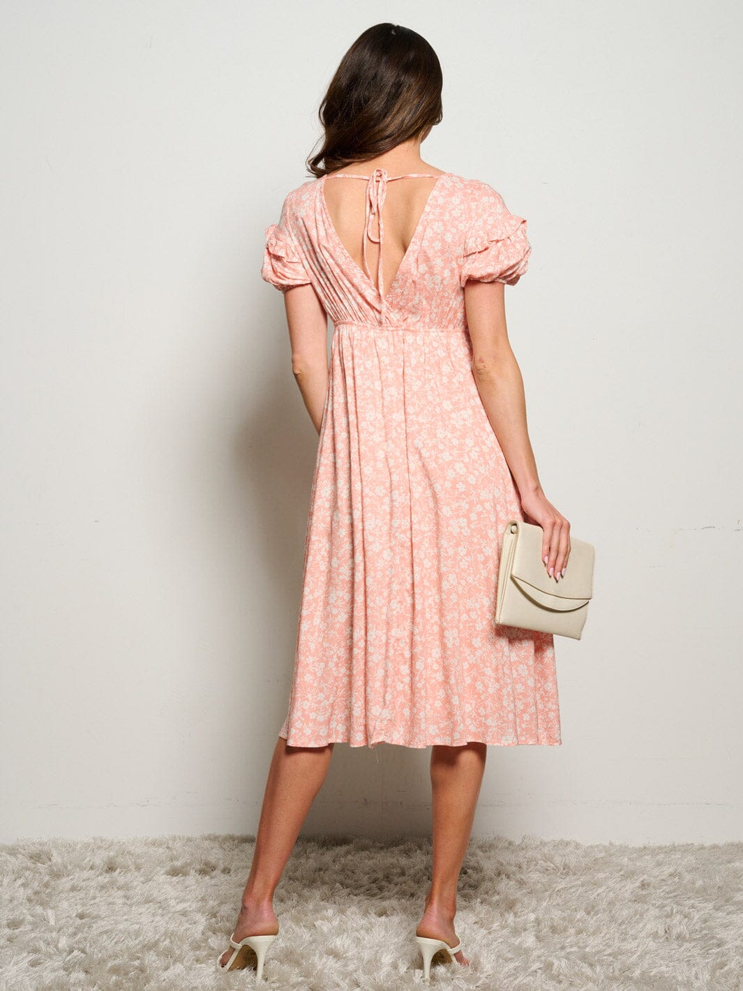 WOMEN'S SHORT SLEEVES V-NECK FLORAL MIDI DRESS