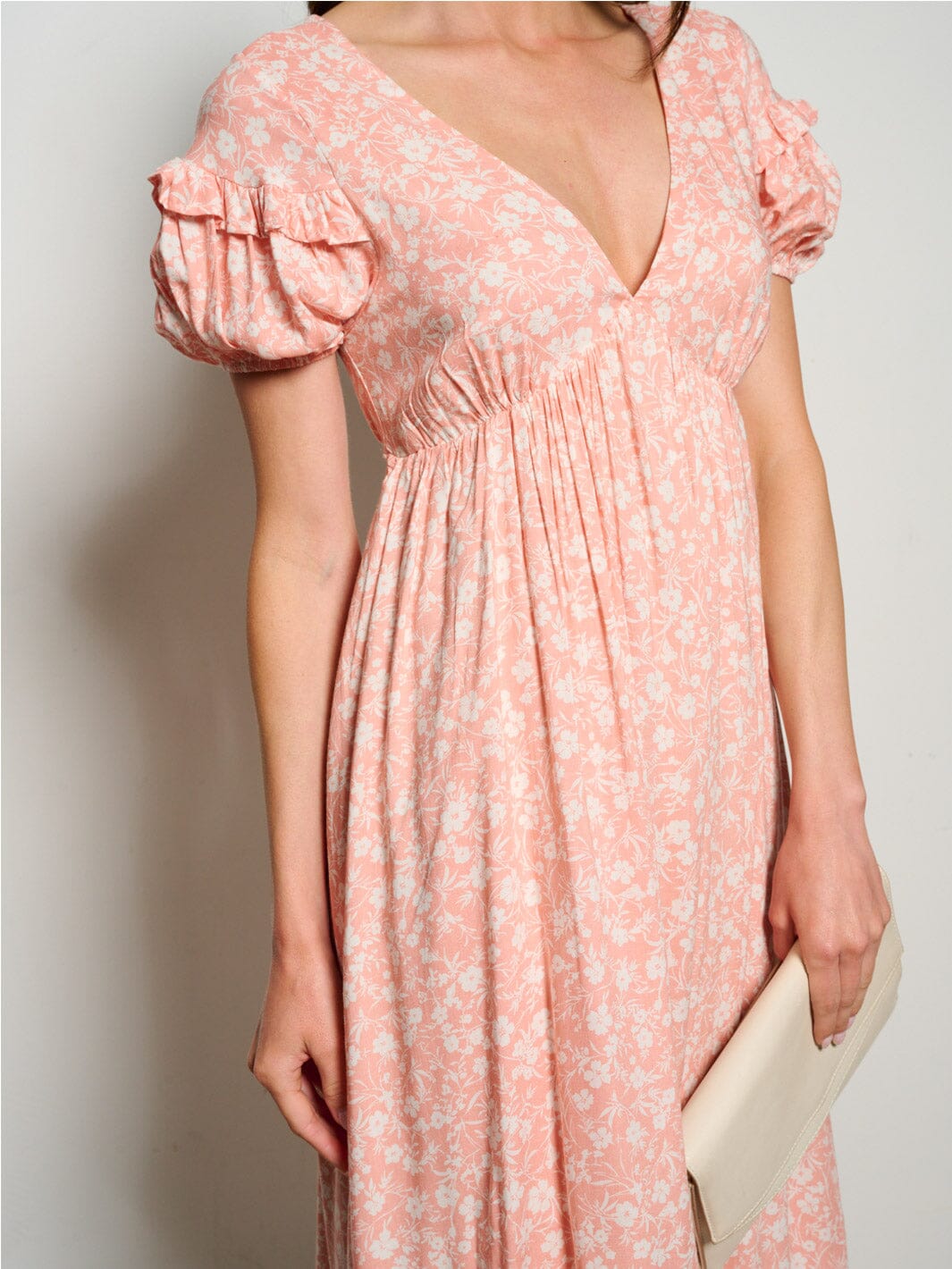 WOMEN'S SHORT SLEEVES V-NECK FLORAL MIDI DRESS