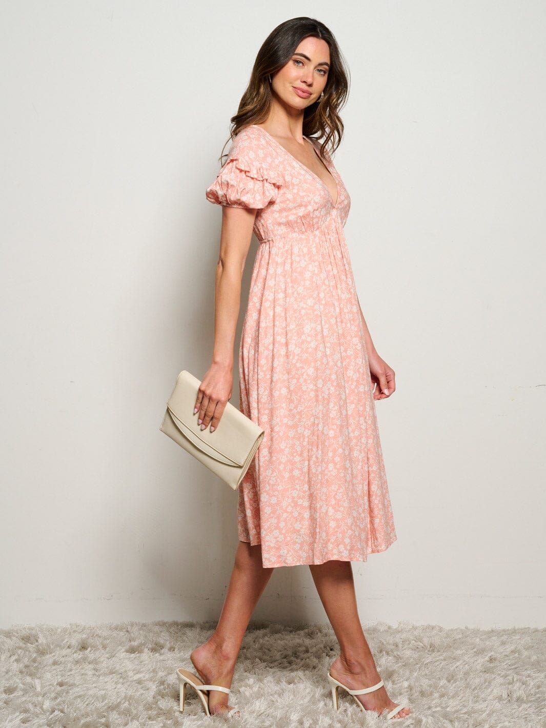 WOMEN'S SHORT SLEEVES V-NECK FLORAL MIDI DRESS