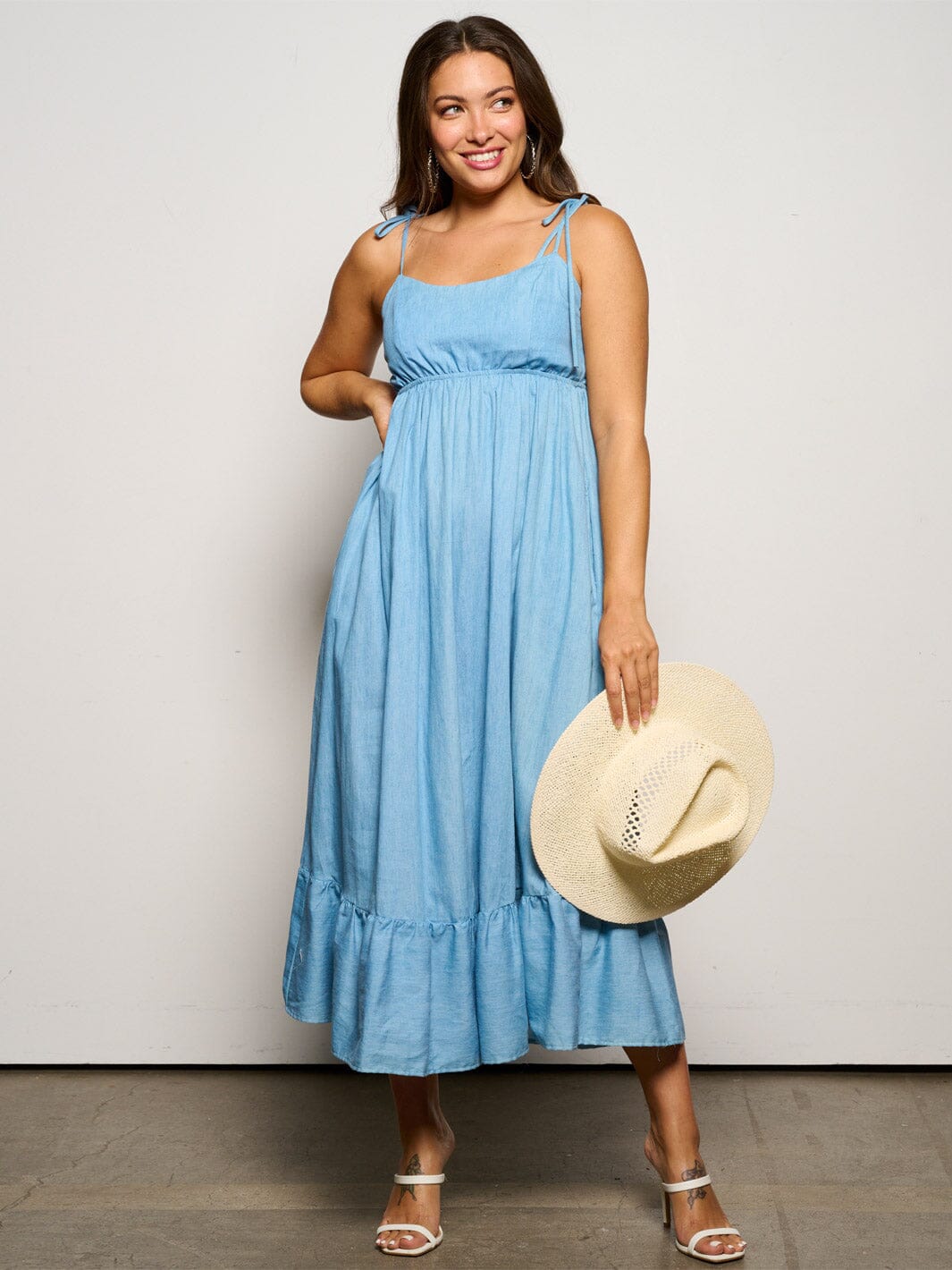 WOMEN'S SLEEVELESS SMOCK POCKETS RUFFLE BOTTOM HEM MAXI DRESS