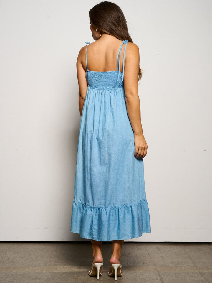 WOMEN'S SLEEVELESS SMOCK POCKETS RUFFLE BOTTOM HEM MAXI DRESS
