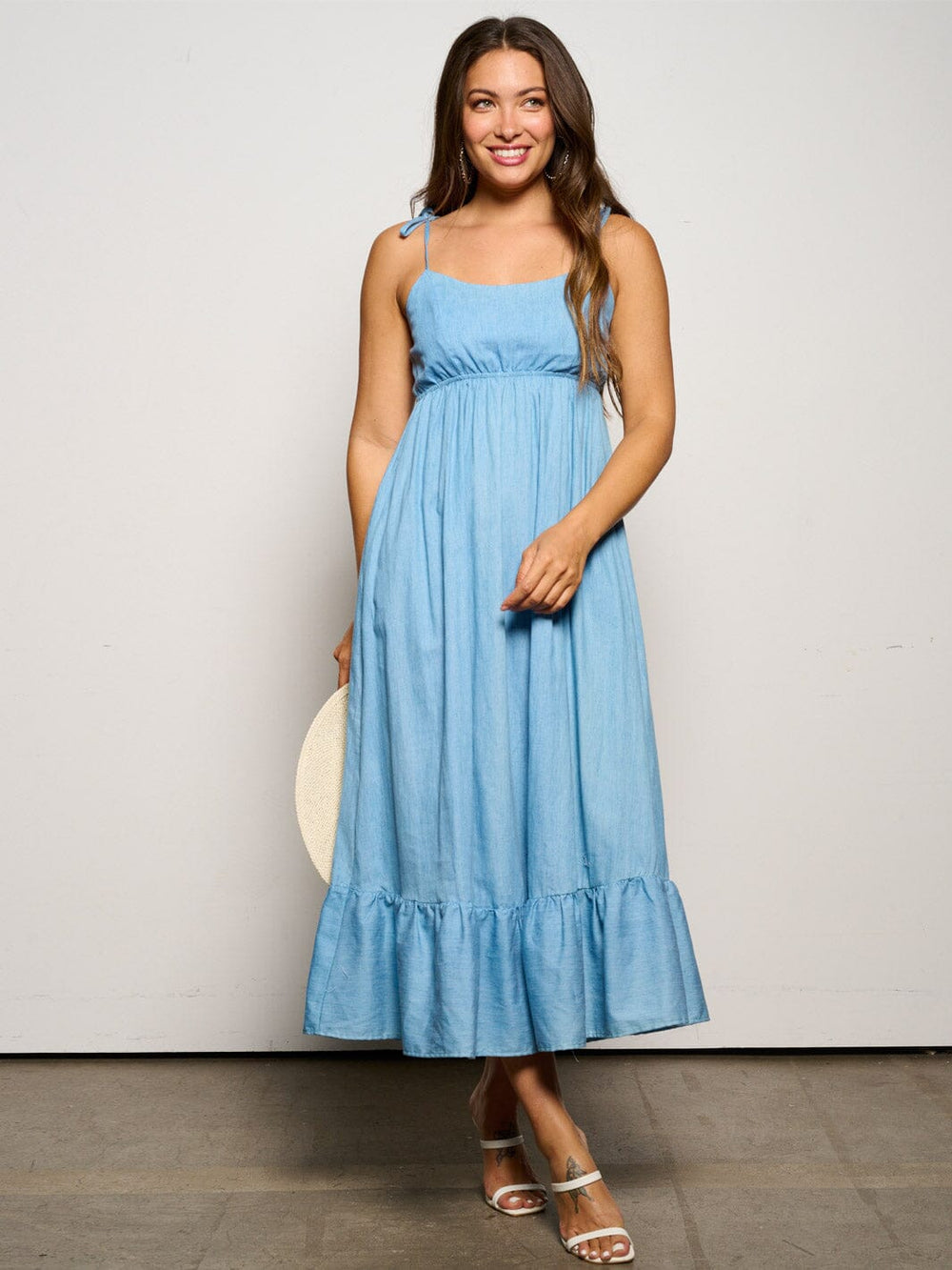 WOMEN'S SLEEVELESS SMOCK POCKETS RUFFLE BOTTOM HEM MAXI DRESS