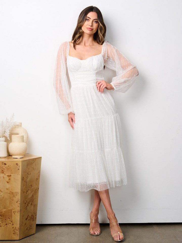 WOMEN'S LONG PUFF SLEEVE SWISS LACE DETAILED TIERED MIDI DRESS
