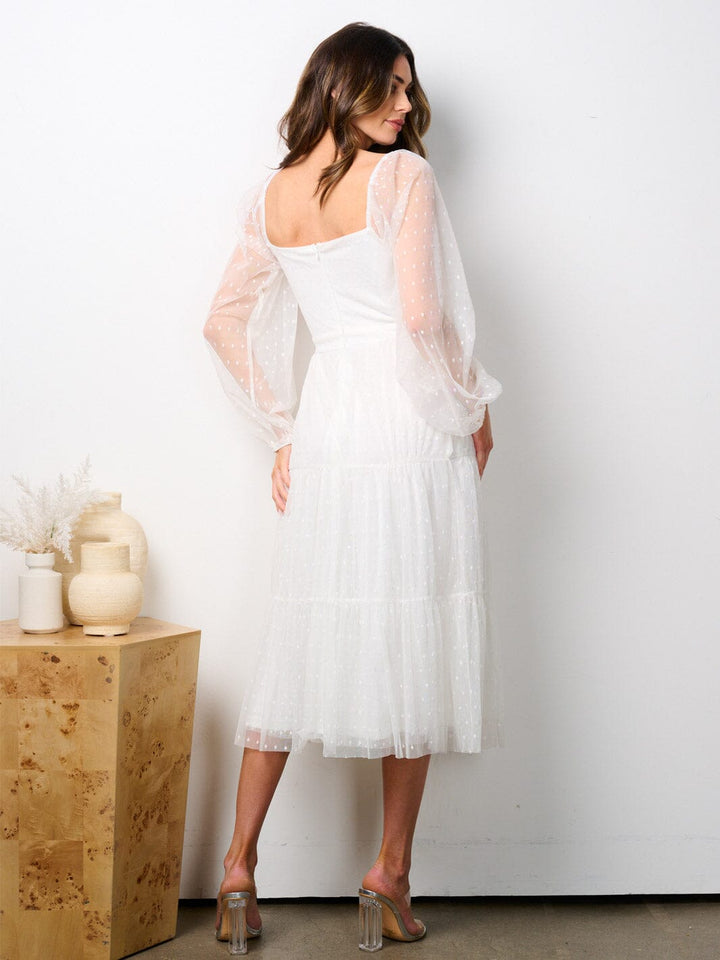 WOMEN'S LONG PUFF SLEEVE SWISS LACE DETAILED TIERED MIDI DRESS
