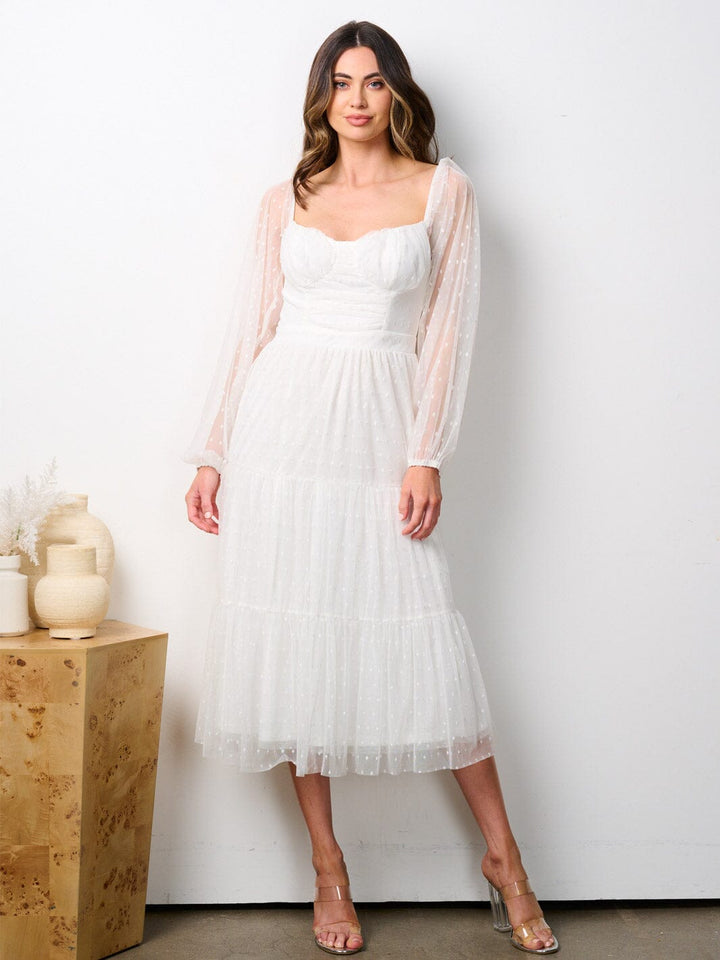 WOMEN'S LONG PUFF SLEEVE SWISS LACE DETAILED TIERED MIDI DRESS