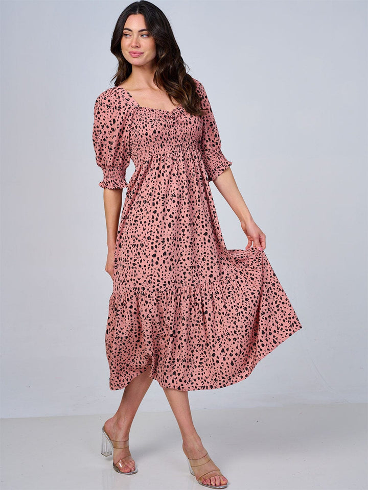 WOMEN'S SHORT SLEEVE SQUARE NECK SMOCK ANIMAL PRINT MIDI DRESS