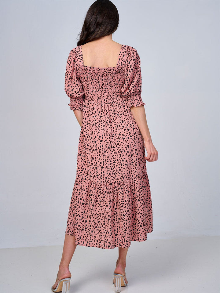 WOMEN'S SHORT SLEEVE SQUARE NECK SMOCK ANIMAL PRINT MIDI DRESS