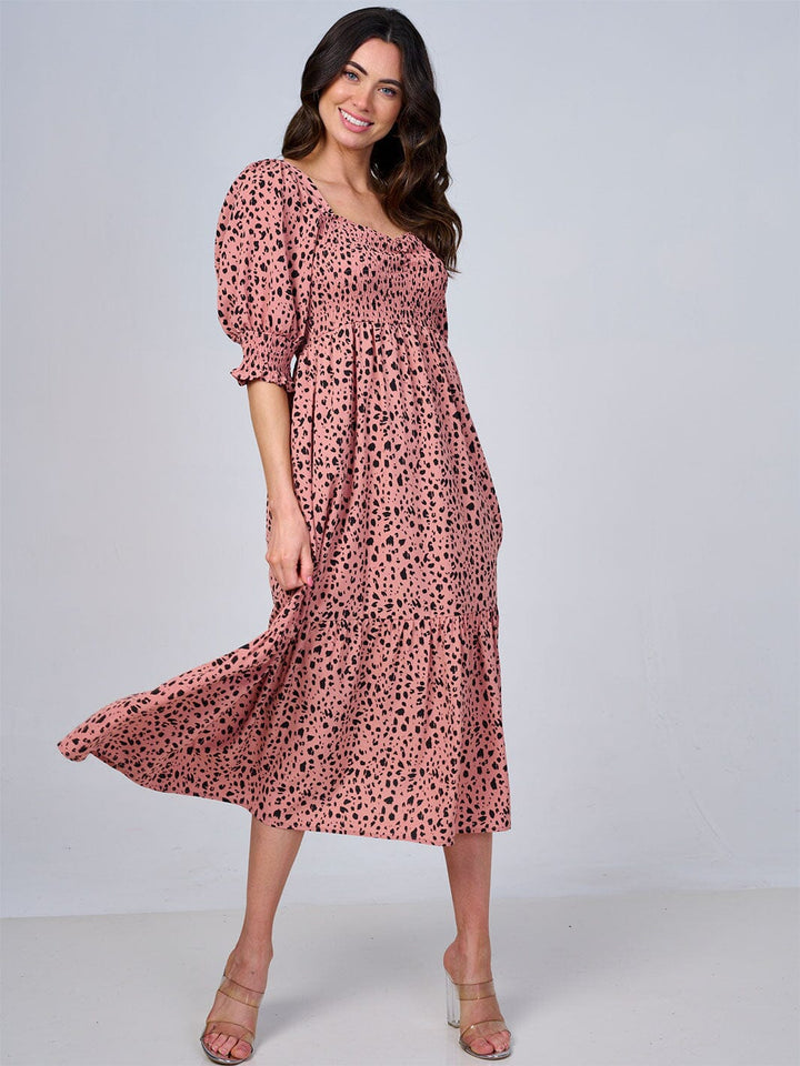 WOMEN'S SHORT SLEEVE SQUARE NECK SMOCK ANIMAL PRINT MIDI DRESS