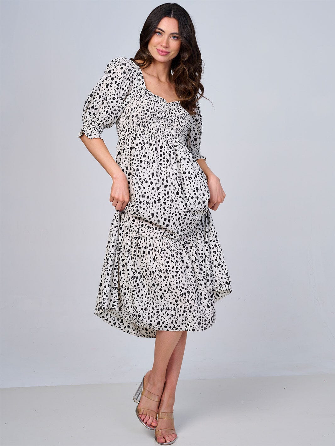 WOMEN'S SHORT SLEEVE SQUARE NECK SMOCK ANIMAL PRINT MIDI DRESS