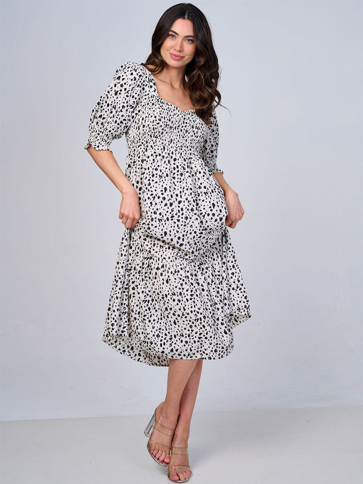 WOMEN'S SHORT SLEEVE SQUARE NECK SMOCK ANIMAL PRINT MIDI DRESS