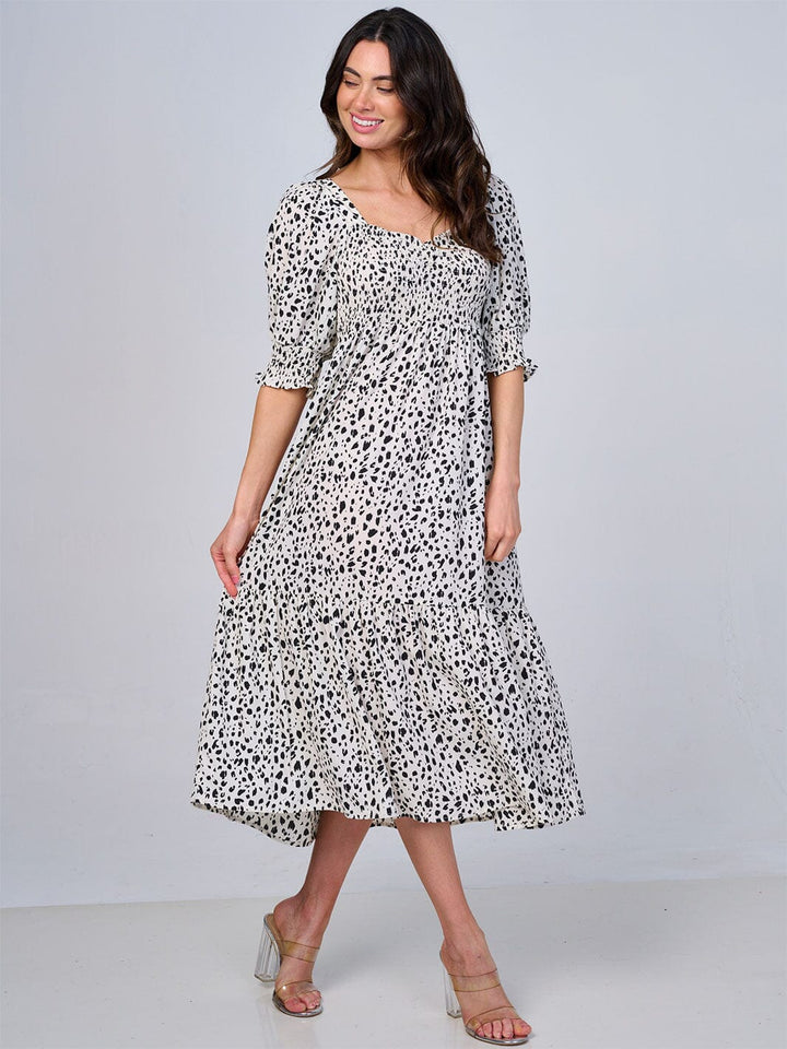 WOMEN'S SHORT SLEEVE SQUARE NECK SMOCK ANIMAL PRINT MIDI DRESS
