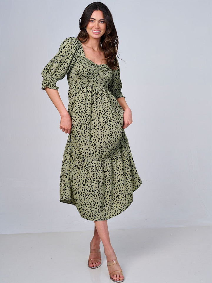 WOMEN'S SHORT SLEEVE SQUARE NECK SMOCK ANIMAL PRINT MIDI DRESS