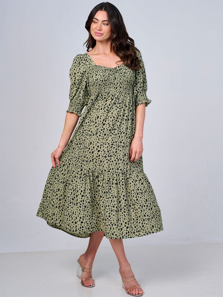 WOMEN'S SHORT SLEEVE SQUARE NECK SMOCK ANIMAL PRINT MIDI DRESS
