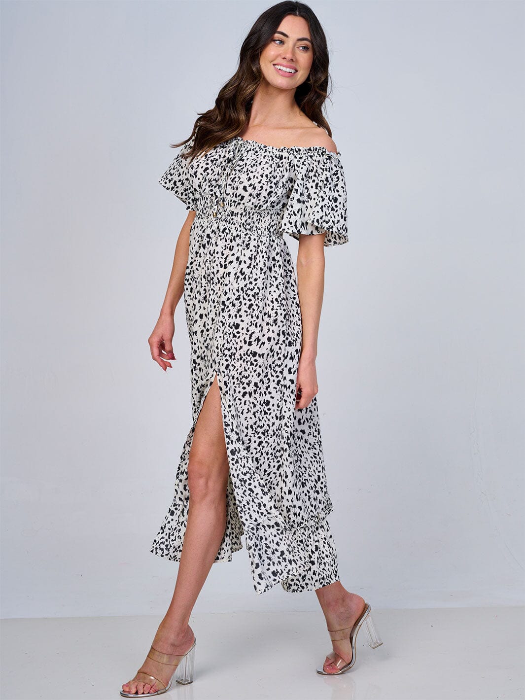 WOMEN'S SHORT SLEEVE OFF SHOULDER ELASTIC WAIST ANIMAL PRINT MIDI DRESS
