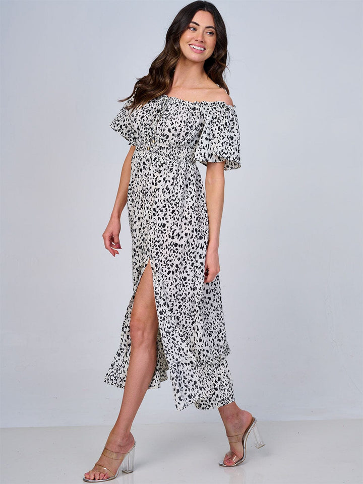 WOMEN'S SHORT SLEEVE OFF SHOULDER ELASTIC WAIST ANIMAL PRINT MIDI DRESS