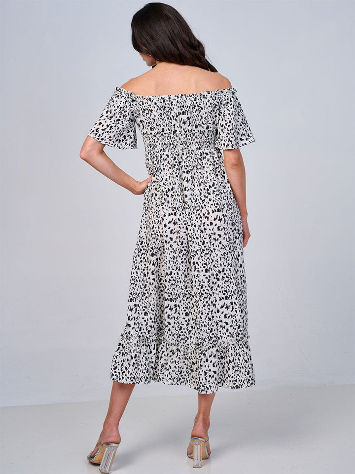 WOMEN'S SHORT SLEEVE OFF SHOULDER ELASTIC WAIST ANIMAL PRINT MIDI DRESS