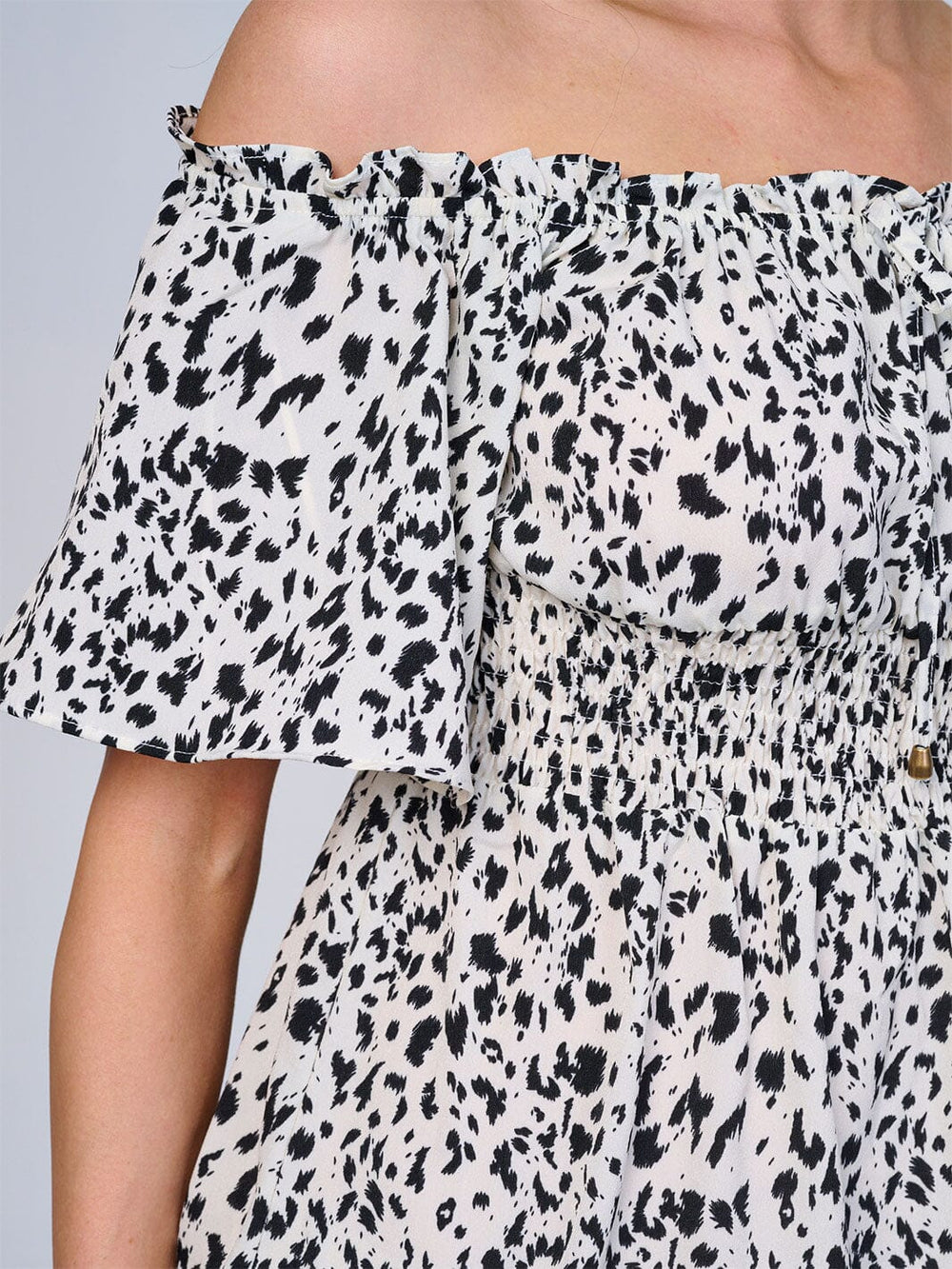WOMEN'S SHORT SLEEVE OFF SHOULDER ELASTIC WAIST ANIMAL PRINT MIDI DRESS