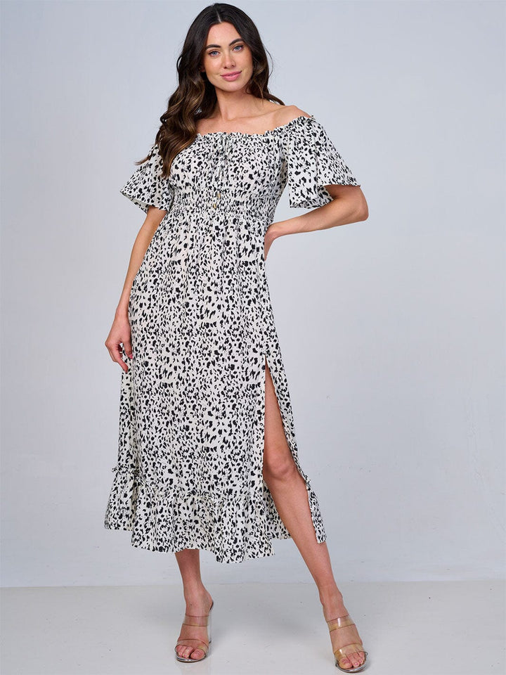 WOMEN'S SHORT SLEEVE OFF SHOULDER ELASTIC WAIST ANIMAL PRINT MIDI DRESS