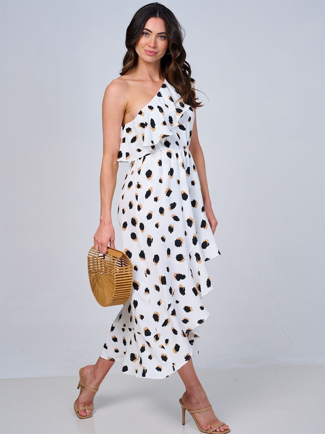 WOMEN'S ONE SHOULDER HIGH-LOW ANIMAL PRINT MIDI DRESS
