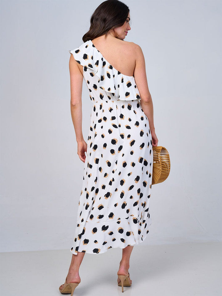 WOMEN'S ONE SHOULDER HIGH-LOW ANIMAL PRINT MIDI DRESS