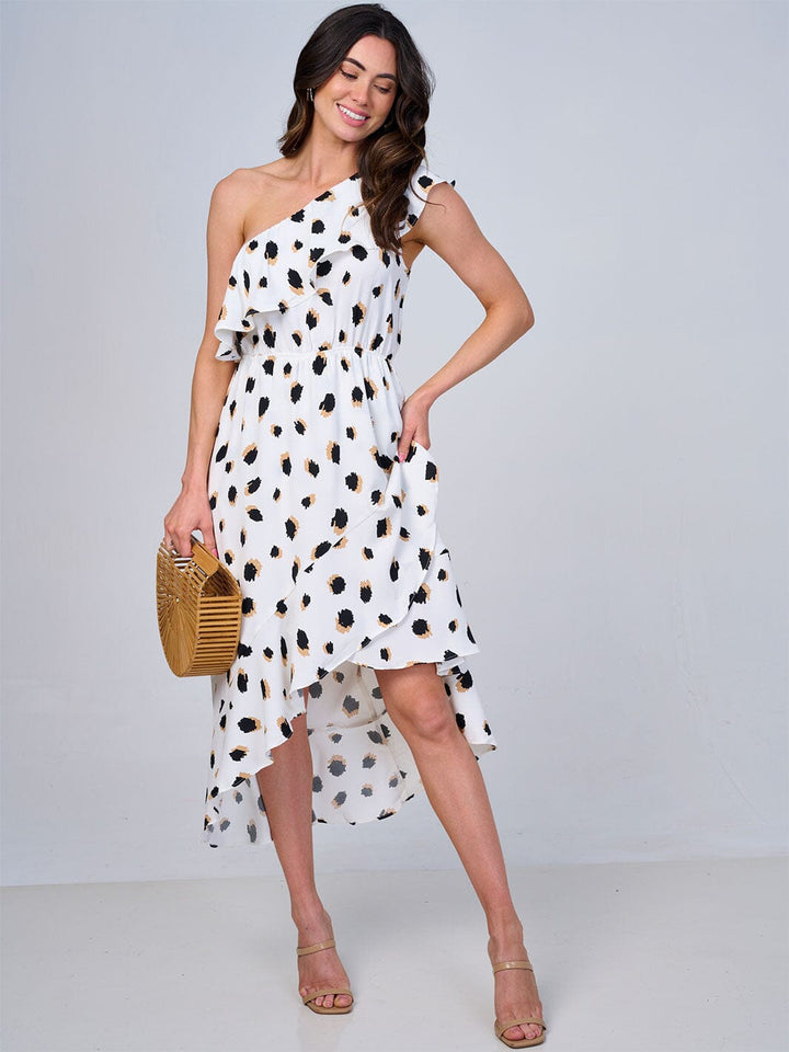 WOMEN'S ONE SHOULDER HIGH-LOW ANIMAL PRINT MIDI DRESS