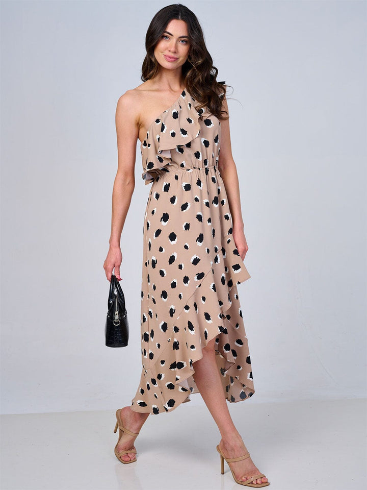 WOMEN'S ONE SHOULDER HIGH-LOW ANIMAL PRINT MIDI DRESS