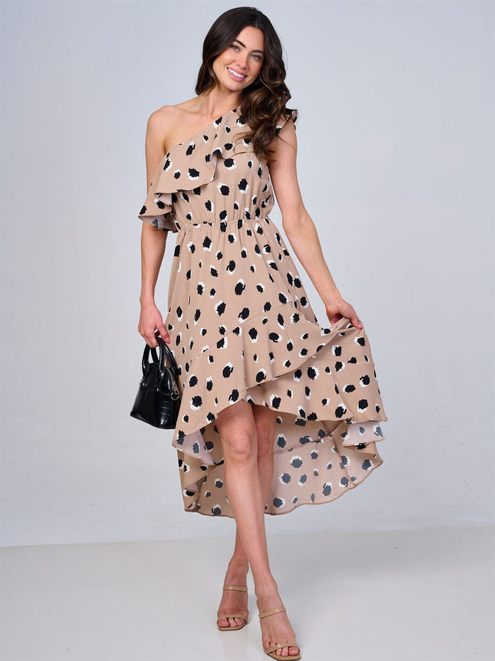 WOMEN'S ONE SHOULDER HIGH-LOW ANIMAL PRINT MIDI DRESS