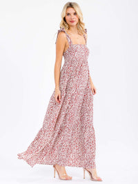 WOMEN'S SLEEVELESS SQUARE NECK SMOCK TIERED ANIMAL PRINT MAXI DRESS