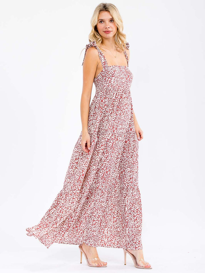 WOMEN'S SLEEVELESS SQUARE NECK SMOCK TIERED ANIMAL PRINT MAXI DRESS