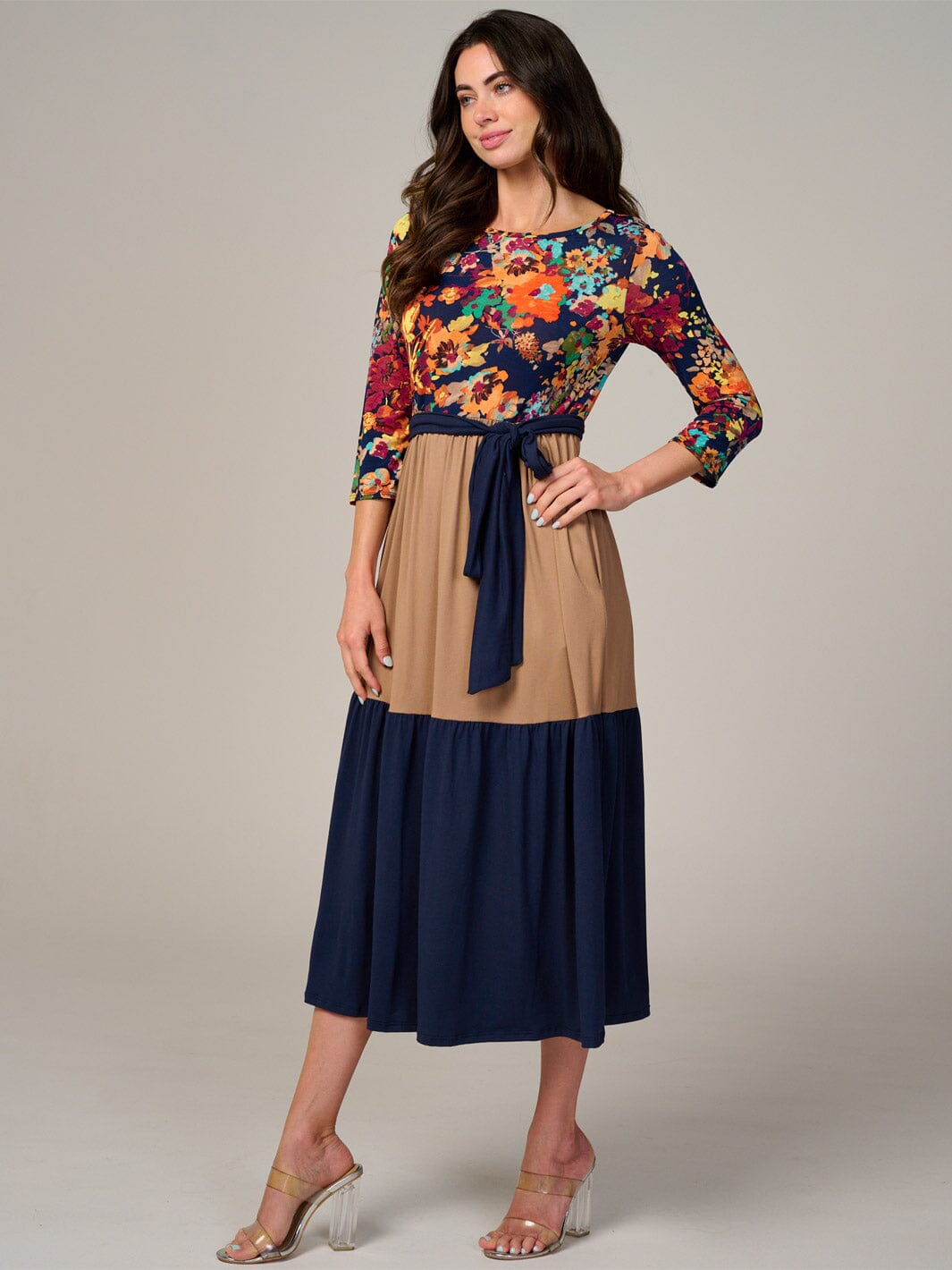PLUS SIZE 3/4 SLEEVE COLORBLOCK FRONT POCKETS TIERED FLORAL MIDI DRESS