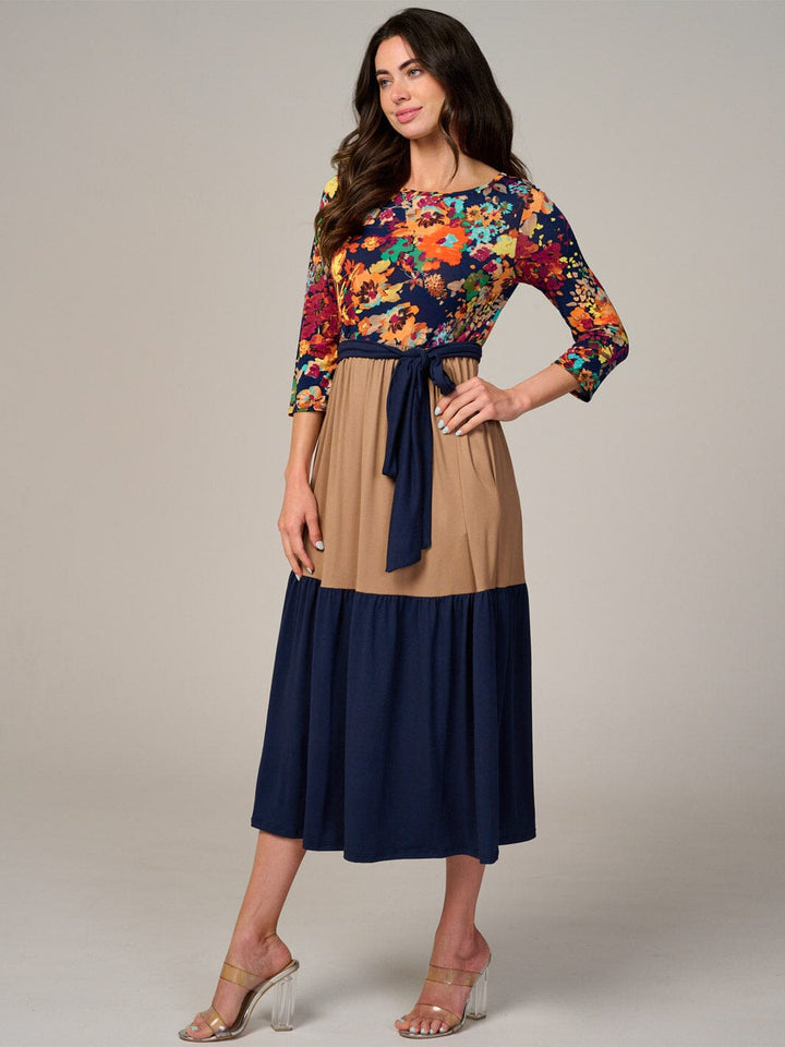 PLUS SIZE 3/4 SLEEVE COLORBLOCK FRONT POCKETS TIERED FLORAL MIDI DRESS