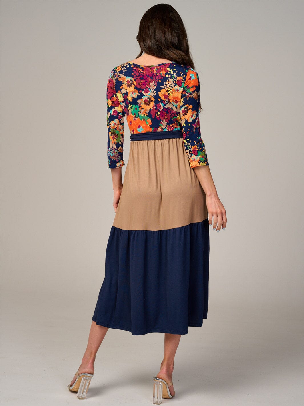 PLUS SIZE 3/4 SLEEVE COLORBLOCK FRONT POCKETS TIERED FLORAL MIDI DRESS