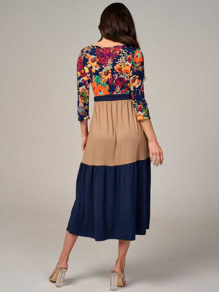 PLUS SIZE 3/4 SLEEVE COLORBLOCK FRONT POCKETS TIERED FLORAL MIDI DRESS