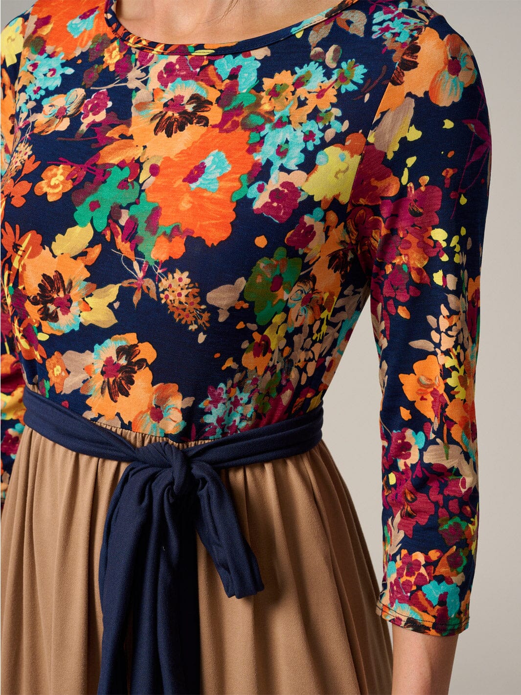 PLUS SIZE 3/4 SLEEVE COLORBLOCK FRONT POCKETS TIERED FLORAL MIDI DRESS