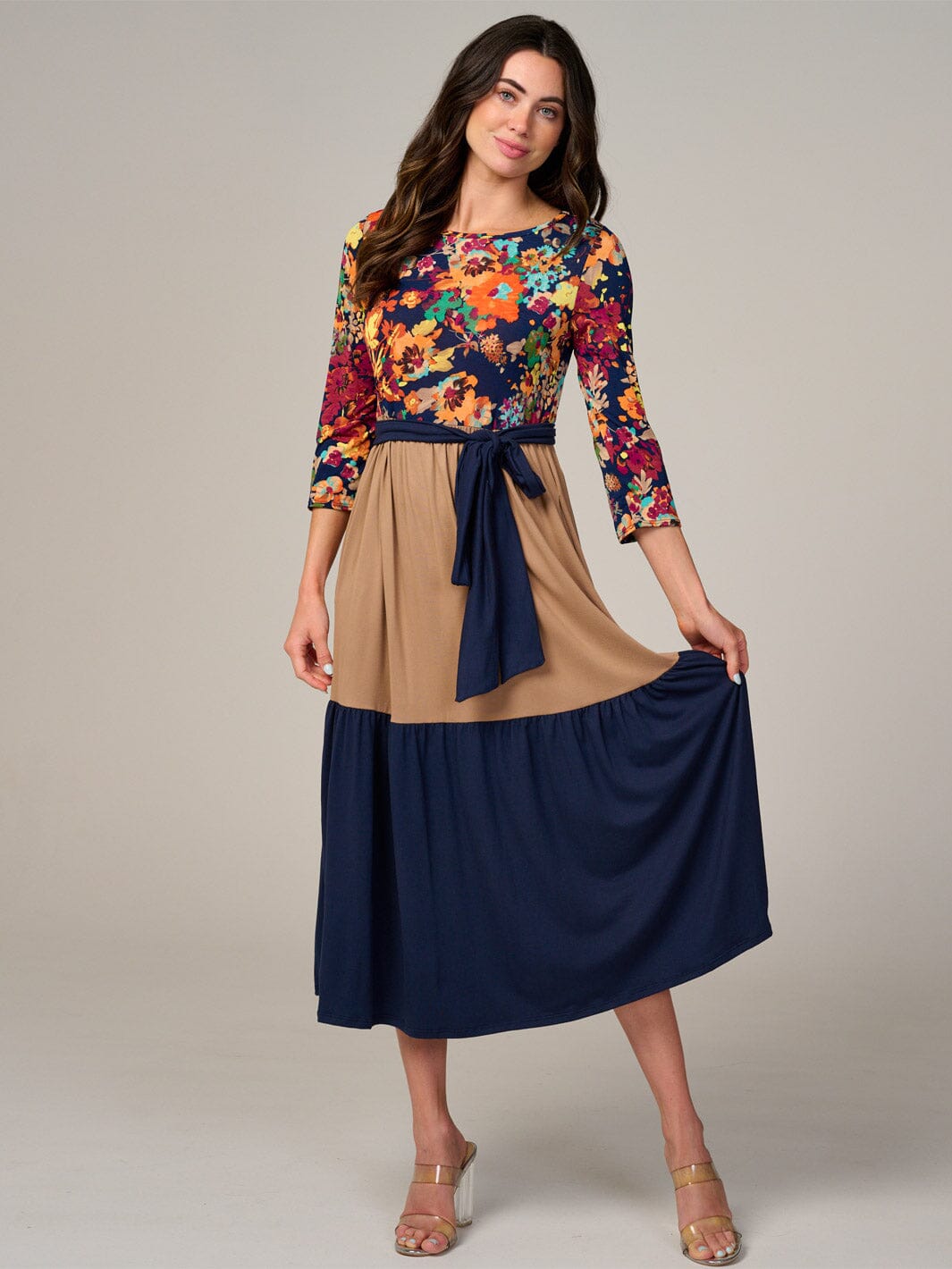 PLUS SIZE 3/4 SLEEVE COLORBLOCK FRONT POCKETS TIERED FLORAL MIDI DRESS
