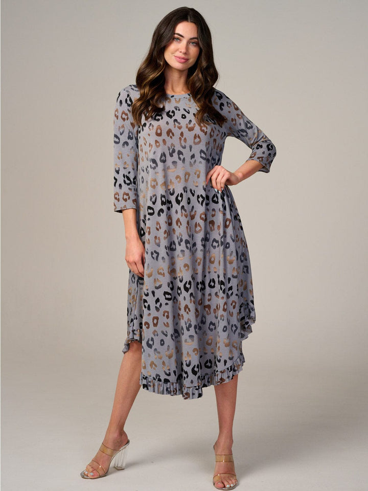 WOMEN'S 3/4 SLEEVE FRONT POCKETS ANIMAL PRINT RUFFLE BOTTOM HEM MAXI DRESS