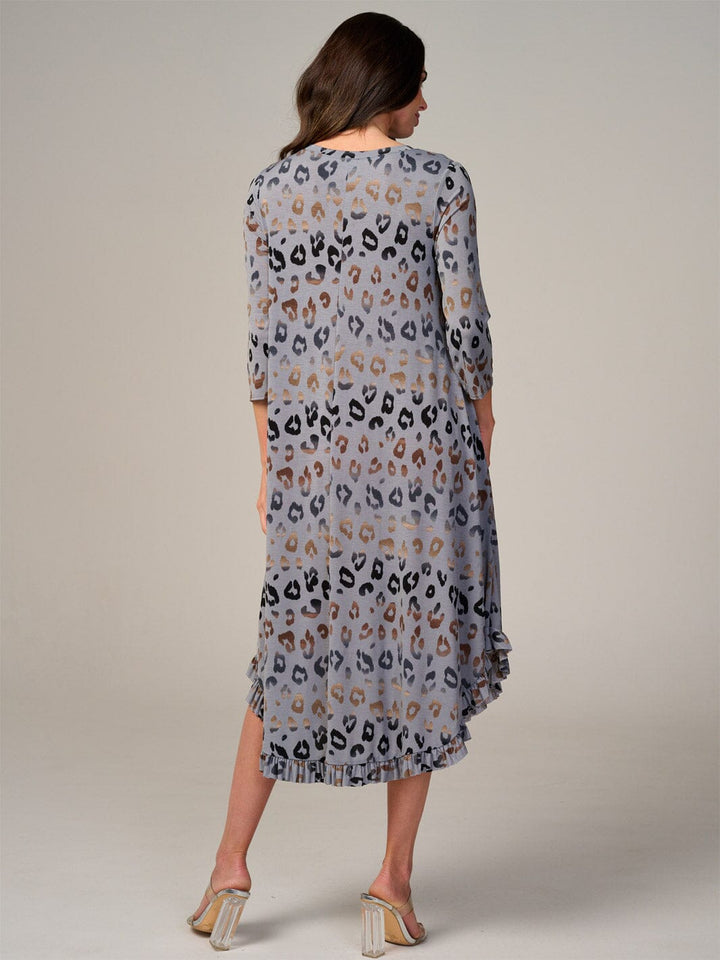 WOMEN'S 3/4 SLEEVE FRONT POCKETS ANIMAL PRINT RUFFLE BOTTOM HEM MAXI DRESS