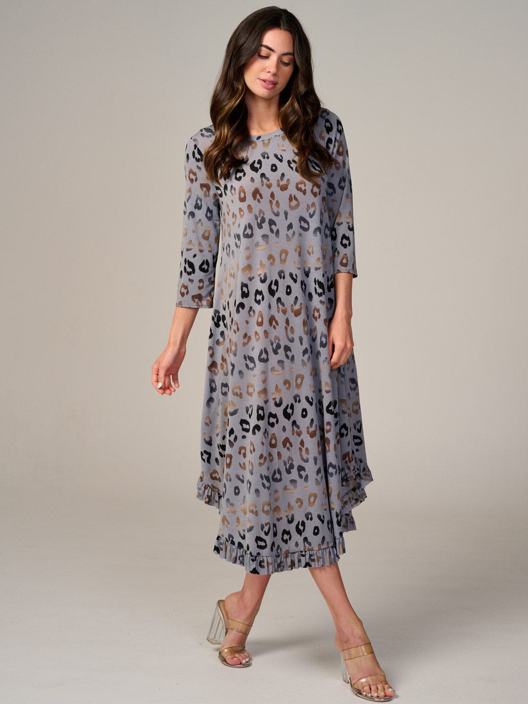 WOMEN'S 3/4 SLEEVE FRONT POCKETS ANIMAL PRINT RUFFLE BOTTOM HEM MAXI DRESS