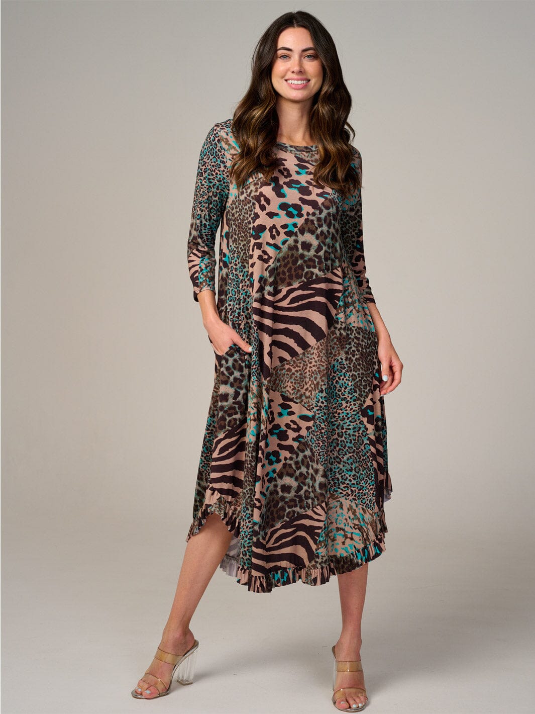 WOMEN'S 3/4 SLEEVE FRONT POCKETS ANIMAL PRINT RUFFLE BOTTOM HEM MAXI DRESS
