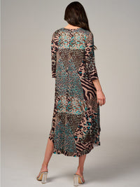 WOMEN'S 3/4 SLEEVE FRONT POCKETS ANIMAL PRINT RUFFLE BOTTOM HEM MAXI DRESS
